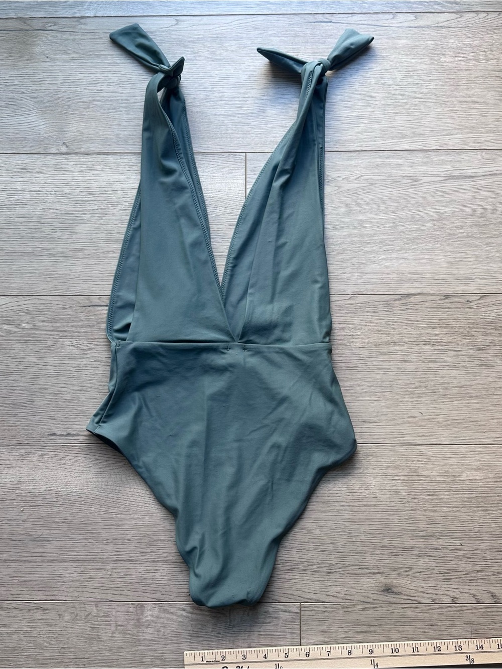 aerie Deep V Tie-Strap One-Piece Swimsuit in Sage Green - Picture 4 of 5